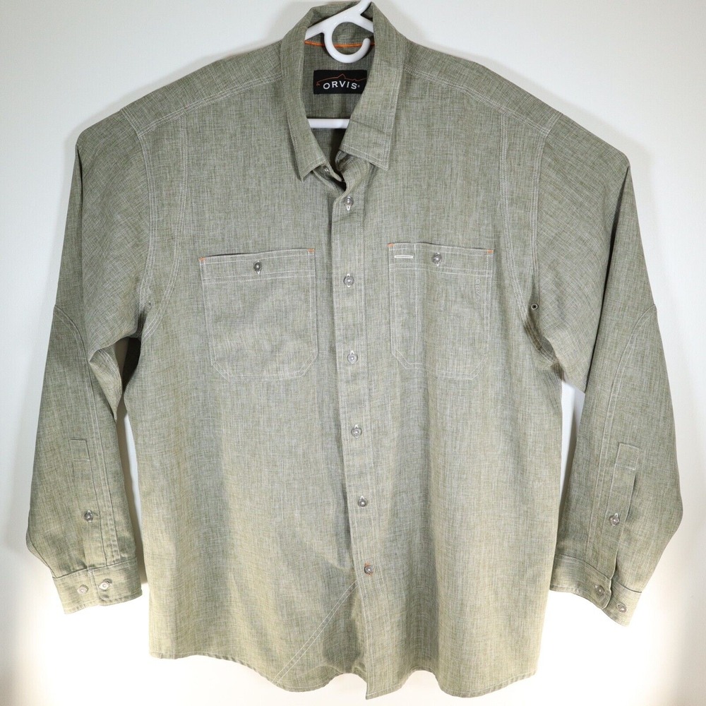 Orvis Mens Long Sleeve Button Up Heather Green Shirt XL Extra Large